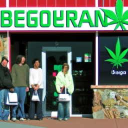 Description: A group of people standing outside a recreational marijuana dispensary in Colorado. The dispensary has a large sign with the name of the business and a green leaf symbol. Customers can be seen entering and exiting the store, and some are carrying shopping bags.