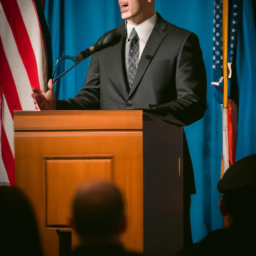 description: a photo of a man in a suit and tie standing at a podium with a microphone in front of him. he has a serious expression on his face and is gesturing with his hands as he speaks. the background is a large room with a flag and other people visible in the distance.