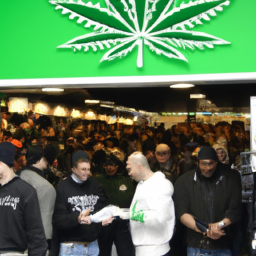 Description: A photo of the first legal marijuana dispensary in New York City on opening day. The store is decorated to resemble a traditional smoke shop, with products on display and a helpful staff ready to answer any questions customers may have.