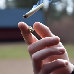 description: an anonymous person is holding a joint in their hand and appears to be smoking it. the background is slightly blurred, but appears to be an outdoor setting.