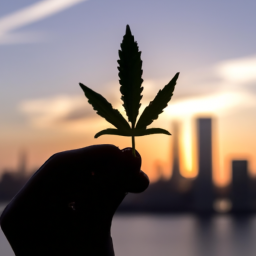 A close-up photo of a hand holding a marijuana leaf in front of a silhouette of a New Jersey city skyline.