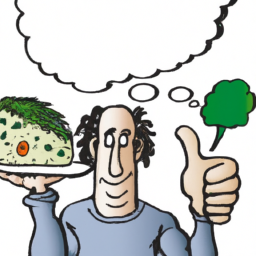 description: a person holding a joint and a plate of healthy food, with a thought bubble of a scale and a thumbs up.