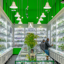 description: A brightly lit cannabis store with glass display cases and shelves filled with various cannabis products. Customers can be seen browsing the store and speaking with staff members.