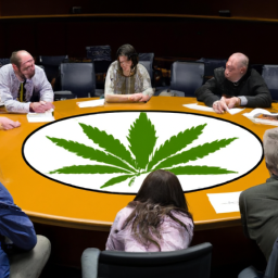 description: an image of a group of people discussing and debating the legalization of marijuana in a legislative setting. the individuals in the image are not identifiable.