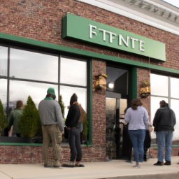 description: a bustling line of patrons can be seen inside fine fettle dispensary in willimantic, eagerly waiting to make their cannabis purchases. the dispensary's interior is modern and well-lit, with a wide variety of cannabis products on display.