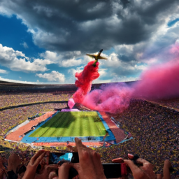 description: an anonymous image depicts a packed sports stadium with an aircraft flying overhead. the spectators below are seen cheering and capturing the moment on their phones, while the aircraft displays colorful smoke trails.