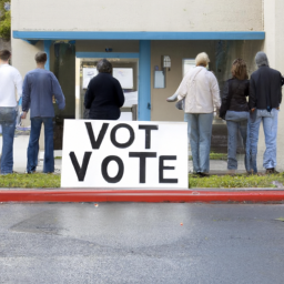 A group of people standing in a line outside a polling station with a "Vote Here" sign in the background.
