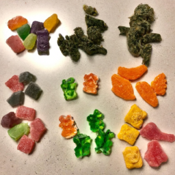 description: an anonymous image showcasing a colorful assortment of cannabis-infused gummies in various shapes and flavors.
