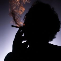 description: the image shows a silhouette of a person holding a joint, with smoke billowing out of it. the person's face is not visible, maintaining anonymity.