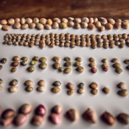 description: an anonymous image showcasing a variety of cannabis seeds in different colors and sizes, neatly organized in rows on a table.