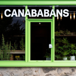 description: an image of a cannabis dispensary with a green sign and a large window displaying various cannabis products.