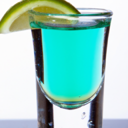 Description: A colorful shot glass filled with a green and blue drink, garnished with a slice of lime.