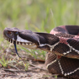 Description: A close-up photo of a Cottonmouth snake, showing its distinctive coloration and markings.