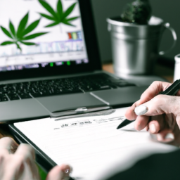 Description: An investor looking through charts and graphs of cannabis stocks on their laptop, with a pen and notebook open next to them.