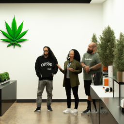 description: a group of people standing inside a bright and modern dispensary, surrounded by plants and cannabis products.