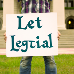 Description: A person holding a sign that reads "Legalize it" while standing in front of a government building.