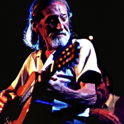 description: an anonymous image captures willie nelson on stage, strumming his guitar under the spotlight, surrounded by a captivated audience.