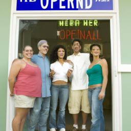 a group of people standing outside a dispensary, with a sign in the window that reads "now open". the people are smiling and appear happy.