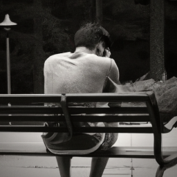 description: the image shows a person sitting alone on a park bench, deep in thought. their face is not visible, but their body language conveys a sense of inner turmoil and contemplation.