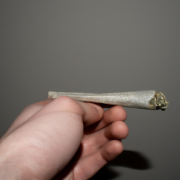 description: a hand holding a joint rolled with kief.