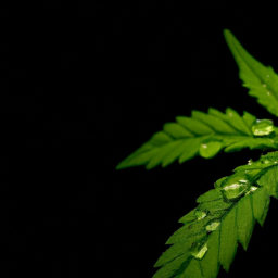 description: a picture of a green marijuana leaf with droplets of water on it, against a black background.