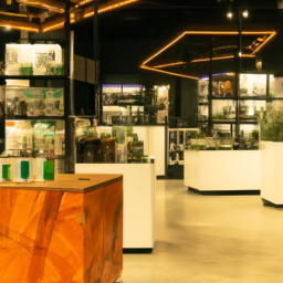 description (anonymous): the image shows a modern, sleek cannabis store with various cannabis products displayed on clean, well-lit shelves. customers can be seen browsing and engaging with knowledgeable staff. the store has a welcoming atmosphere with a contemporary design.