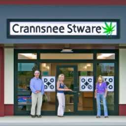 description: a photo of a medical cannabis dispensary with a large sign displaying the name of the dispensary and the medical symbol. patients can be seen entering and exiting the dispensary, and there are several employees visible behind the counter.