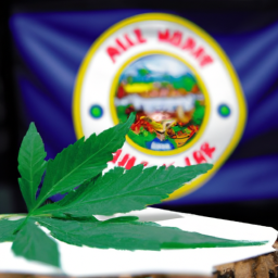 description: A marijuana leaf with the Minnesota state flag in the background, symbolizing the progress of marijuana legalization bills in the state's legislature.