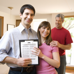 Description: A family standing in their living room with a home insurance policy in hand, looking relieved that their home is protected.