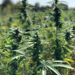 description: a picture of several marijuana plants growing in a field. the plants are large and green, with large leaves and buds. the background is blurred, suggesting that the plants are the focus of the image. the picture is anonymous, without any specific names or locations mentioned.