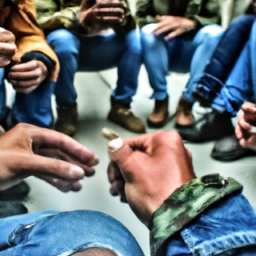 description: an anonymous image depicts a group of people sitting in a circle, passing a joint around, with a hazy smoke-filled atmosphere. the image captures a relaxed and enjoyable atmosphere.