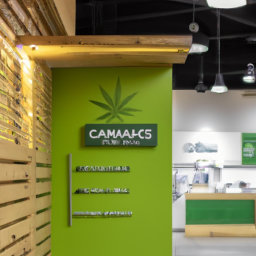 description (anonymous): the image showcases a well-designed and inviting cannabis dispensary with vibrant signage and a modern interior. the space is filled with various cannabis products neatly displayed on shelves, and friendly staff members assist customers with their purchases.