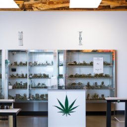 description: an anonymous photo showcasing a modern marijuana dispensary with a variety of cannabis products displayed on shelves. the image features a clean and professional environment with knowledgeable staff assisting customers.