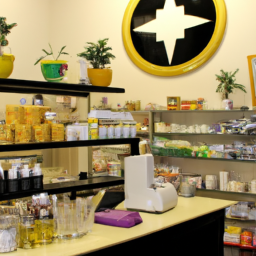 An image of a medical marijuana dispensary with various products on display, including oils, edibles, and topical creams.