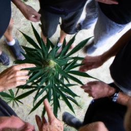 A group of people standing in a circle around a cannabis plant, discussing its potential for the industry.