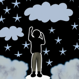 An illustration of a person surrounded by clouds and dark stormy skies, looking up at the stars.