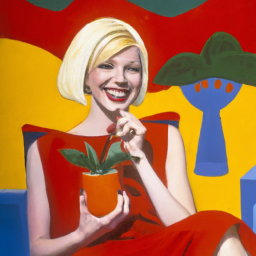description: a woman sitting in front of a colorful mural, smiling and holding a small pot with a plant inside. her hair is styled in a short blonde bob, and she is wearing a bright red dress and matching lipstick.