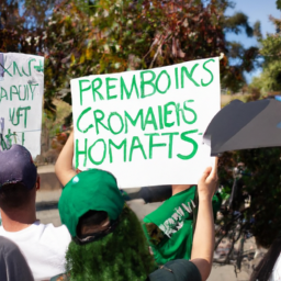 description: an anonymous image showcasing a group of people discussing marijuana legalization in a peaceful protest, holding signs with slogans supporting cannabis reform.