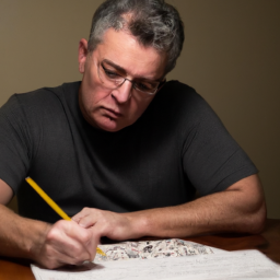 description: a person sitting at a table with a pencil and a crossword puzzle, looking focused and determined.