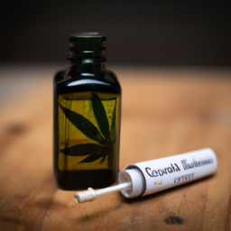 description: an anonymous image of a small bottle labeled "marijuana oil" with a cannabis leaf logo. the bottle is placed on a wooden table next to a rolled-up joint and a cannabis bud.