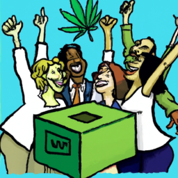 description: a photo of a group of people celebrating with raised hands and smiles, surrounded by marijuana leaves and a ballot box.