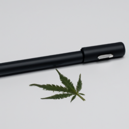 A sleek, black disposable vape pen with a green cannabis leaf logo on the side, lying on its side on a white surface.