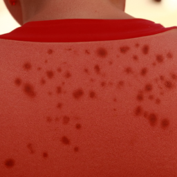 description: an anonymous image of a person's back with red and blistered skin due to severe sunburn.