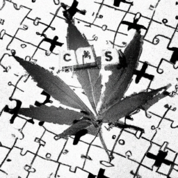 description: a black and white image of a cannabis leaf with the crossword puzzle superimposed over it.