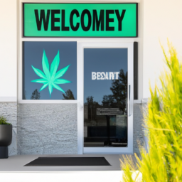 Description: A photo of a cannabis dispensary storefront with a sign outside that reads, "Welcome to the Dispensary!"