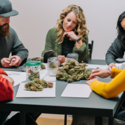 a group of people in a cannabis dispensary, examining different strains of cannabis and discussing their effects.