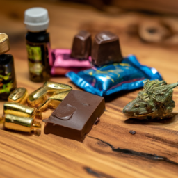 description: an anonymous image showcasing a variety of cannabis-infused products, including chocolates, gummies, and a bottle of cbd oil, placed on a wooden table.category: product reviews