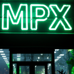 description: a storefront with a green neon sign that reads "mpx nj" in bold letters. the store has large windows with cannabis products displayed inside. customers can be seen entering and exiting the store.