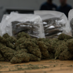 description: a photo showing multiple bags of marijuana stacked on a table, with blurred faces of law enforcement officers in the background.