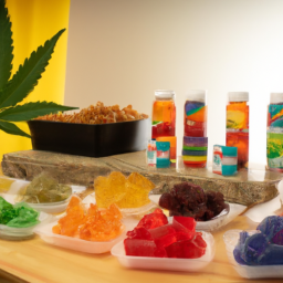 A variety of THC-infused gummy products displayed on a table.